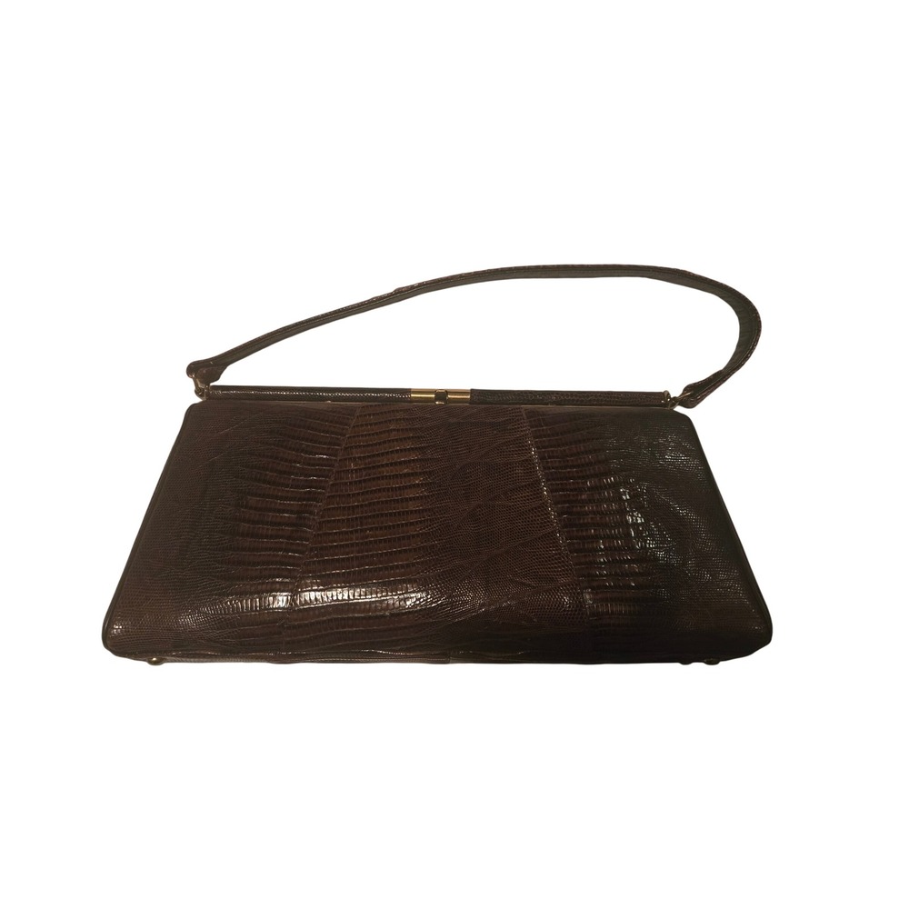 Vintage Sterling USA‎ Genuine Lizard Skin Handbag Brown Exotic Leather Frame Bag